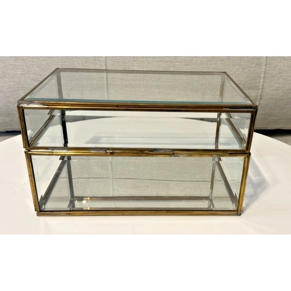 Vintage Enesco Glass Brass Large Curio Trinket Jewelry Box Display